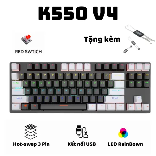 Bàn phím cơ Gaming Ziyou lang K550 V4 RED Switch TKL 87 phím Có Hot-swap , LED Rainbow , chống nước Tặng Kèm keypuler và swtich
