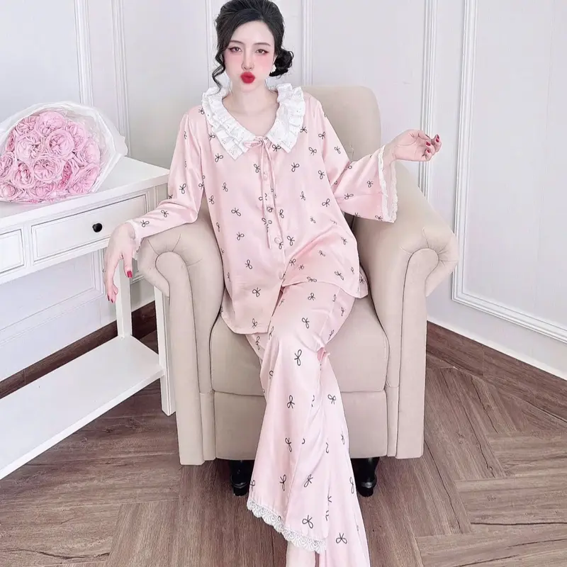 Bộ Tiểu Thư Nơ Phối Ren Quần Dài Lụa Latin (Freesize 40-70kg) Pijama Nữ Women 1