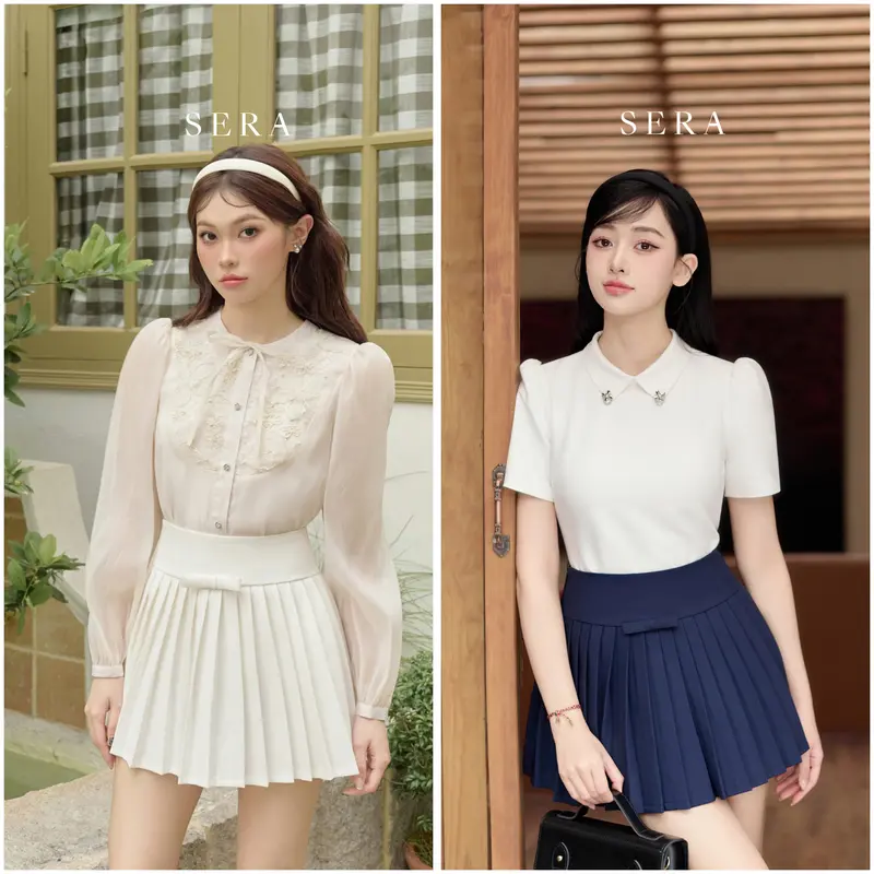 SERA - Chân váy xếp ly đính nơ JOLIE - Thiết kế 2 lớp với vải đứng form 0