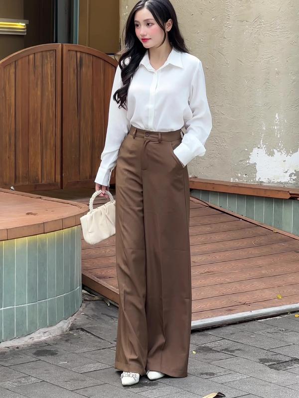 QT03 Quần ống suông cạp cao  cotton Hàn -Quần ống suông nữ công sở - quần ống suông cạp cao nhiều màu ( Đen-xám -nâu rêu-rêu nhạt-kem be-xám chì) Ong Women 2
