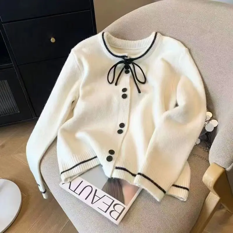 Áo Khoác Kafuu Phong Cách Pháp, Áo Len Cardigan Nơ Dáng Rộng, Áo Len Dệt Kim Nhẹ Nhàng Và Thanh Lịch, Áo Trên, Năm Mới Màu Đỏ, 2024