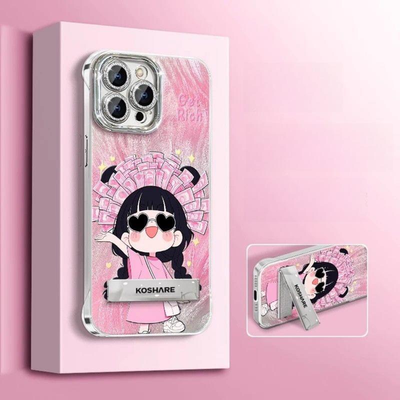Ốp Điện Thoại Hình Cô Gái Tiền Hoạt Hình, Tương Thích Với iPhone 16, 15, 14, 13, 12, 11, Pro Max, 16, 15, 14 Plus, XR, X, XS Max, Màng Ống Kính Tích Hợp, Thiết Kế Không Khung Lỗ Chính Xác, Ốp Lưng Chống Sốc, Có Giá Chân Đế