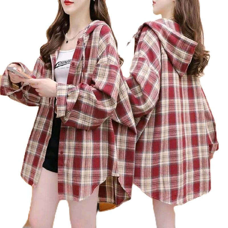 Áo khoác sơ mi có Túi Trong, nút bấm, sọc caro, nón, chất kate mỏng nhẹ form rộng thời trang Nữ Jacket Top Nhung Women Voi Shirt áo