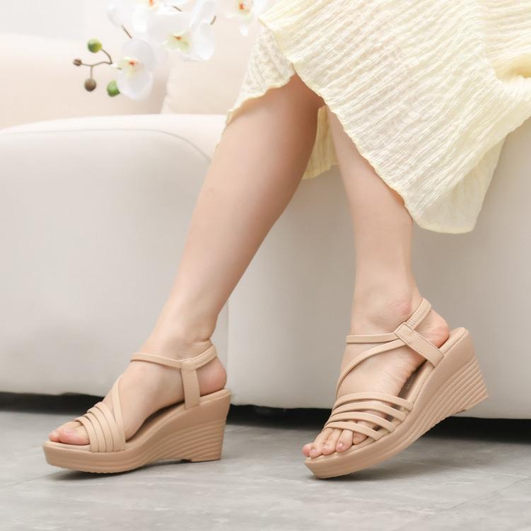 Giày đế xuồng cao gót 8p quai mảnh 4 dây chéo chân vòng cổ thun - X045 Nữ DéP Shoes Nhung Sandal