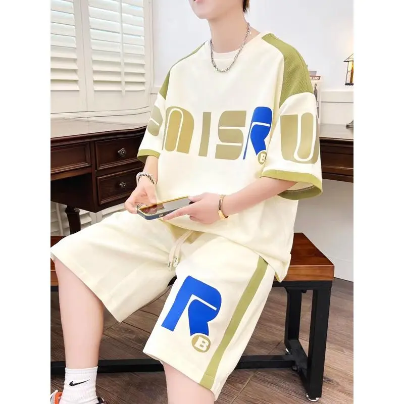 Bộ Đồ Thể Thao, ngắn Tay, Dành Cho Giới Trẻ Mùa Hè, Bộ Hai Mảnh, Chất Liệu Bánh Quế, Cao Cấp, Thương Hiệu Thời Trang Thường Ngày Thiết Kế Đẹp Trai, Thích Hợp Cho Nam Giới, Một Bộ