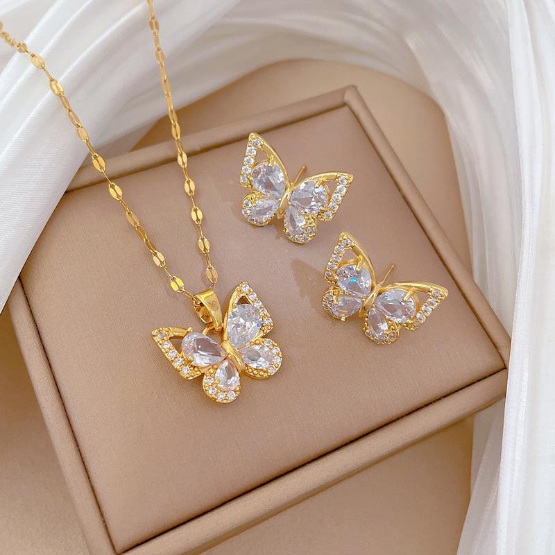 Bộ Vòng Cổ và bông tai hình Bướm Zircon dành cho phụ nữ chất liệu thép titan thời trang sang trọng giá cả phải chăng không phai màu không gây dị ứng không bị xỉn màu món quà Lý Tưởng cho bạn gái bạn thân mẹ và vợ lý tưởng cho sinh nhật
