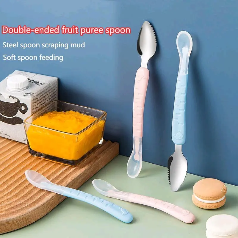 Sendok Kerok Buah Sendok Makan MPASI Bayi Stainless dan Silikon 2in1 2