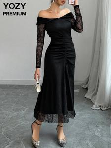 YOZY Women's Lace Dress, Elegant Long Sleeve Evening Party Gown, Ladies Clothes for All Seasons