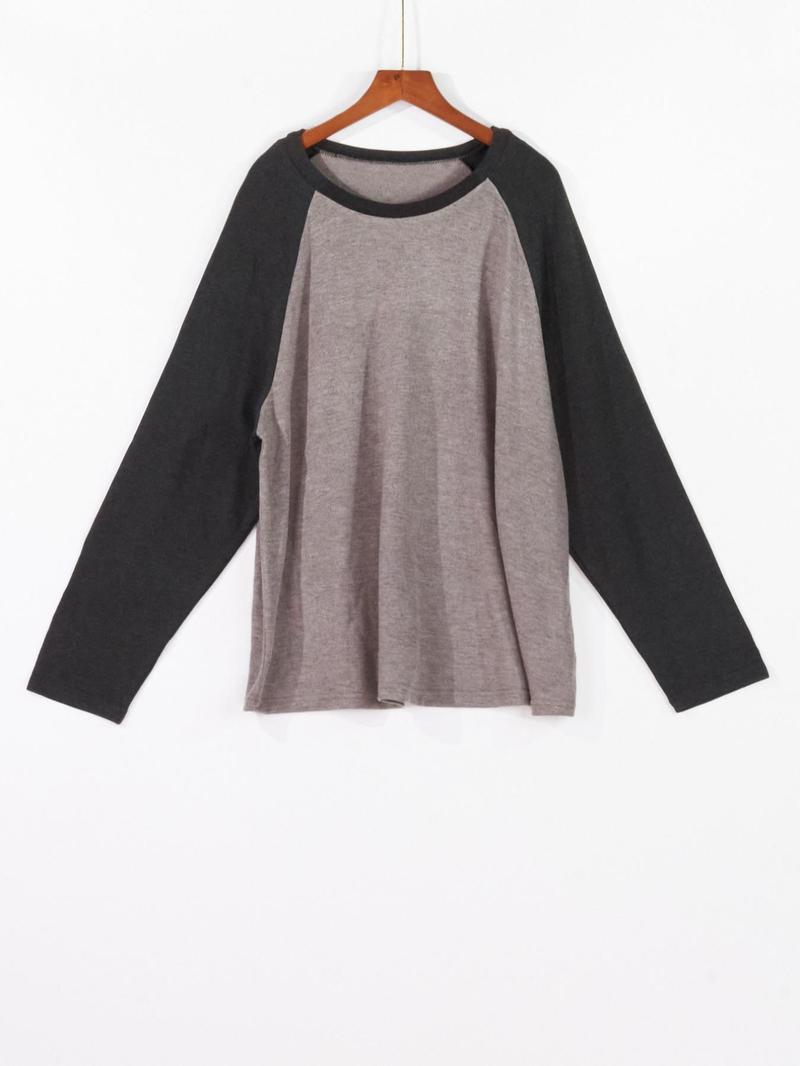 Product Introduction of 【Plus Size】 Colorblock Raglan Sleeve Tee & Elastic Waist Pants Loungewear Set, Casual Comfy Round Neck Long Sleeve Top & Trousers PJ Set, Women's Sleepwear for Fall & Winter 3