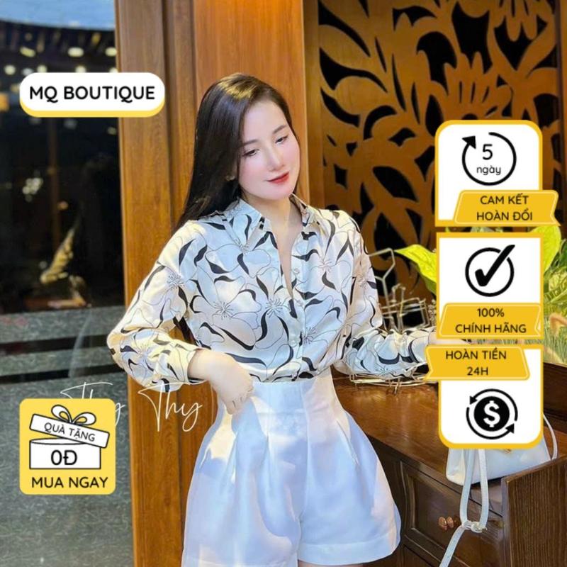  Áo dài tay Sơ mi lụa nữ MQ Boutique sơ mi trắng họa tiết hoa cánh to thiết kế công sở đơn giản 