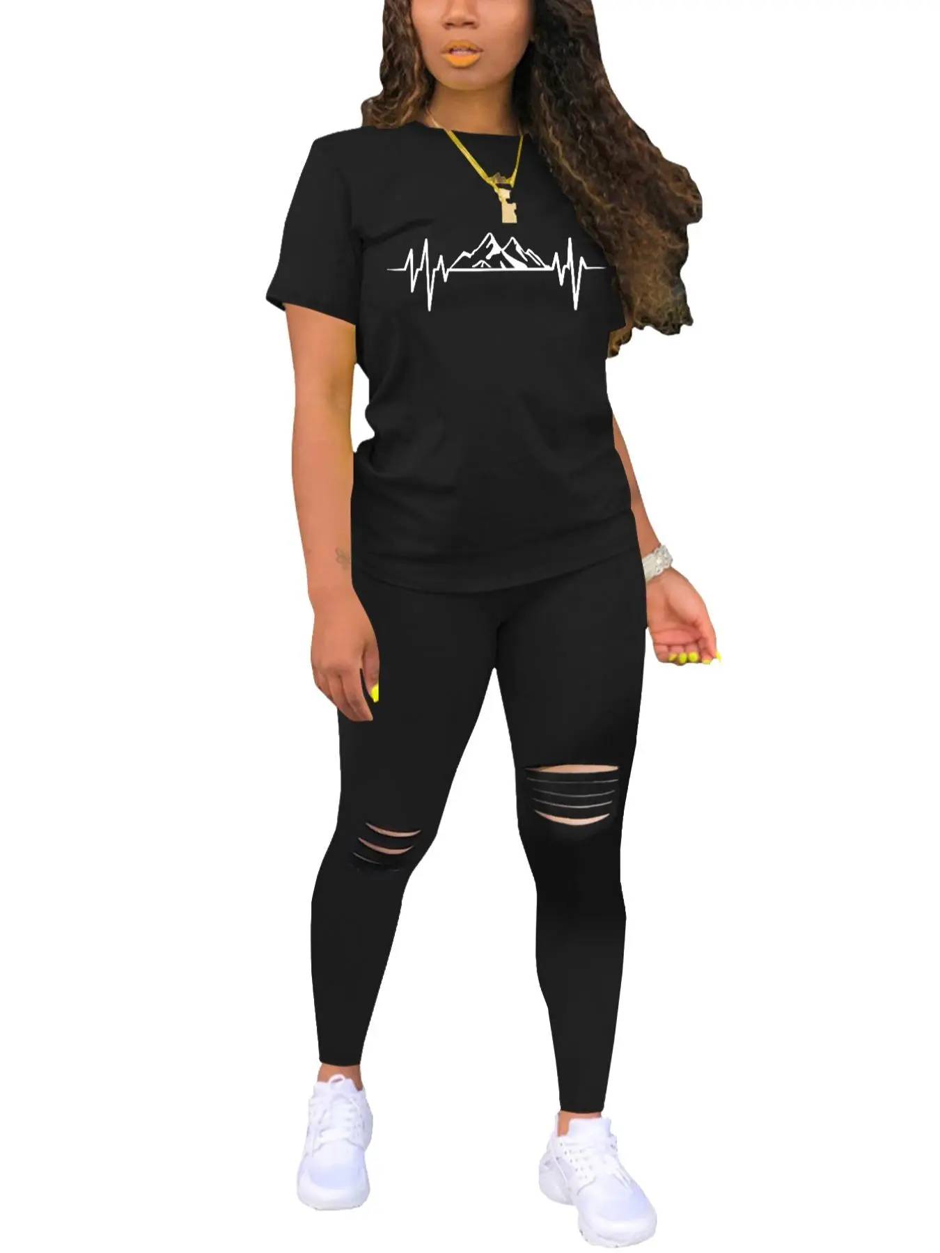 Two-Piece Set Women's Mountain Print Short Sleeve Tee & Ripped Skinny Pants Set, Casual Round Neck T-shirt & Elastic Waist Trousers, Ladies Summer Clothes
