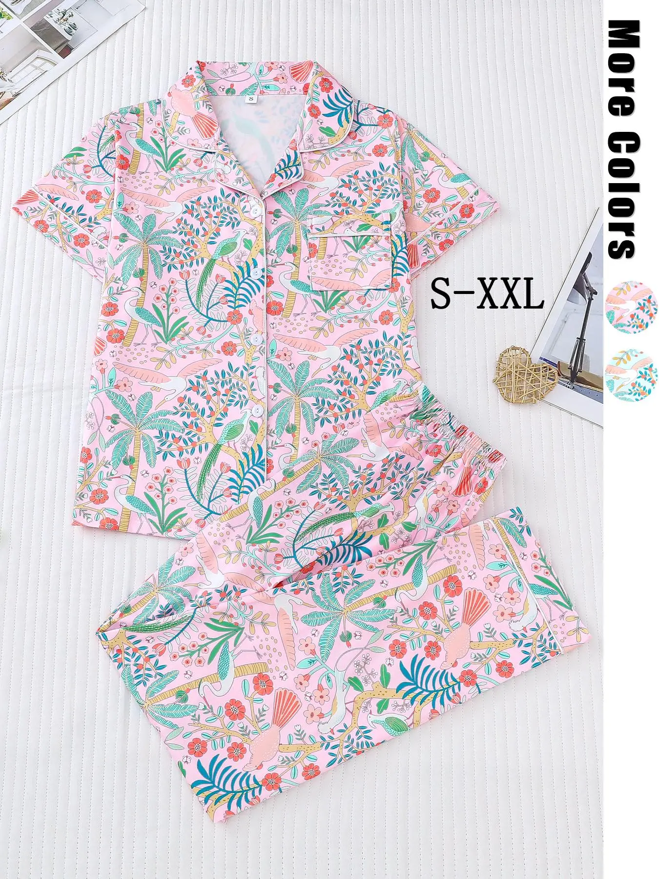 Women's All Over Tropical & Bird Print Lapel Neck Pocket Shirt & Pants Pyjama Two-piece Set, Casual Comfy Short Sleeve Button Front Top & Trousers Pj Set, Ladies Sleepwear for All Seasons
