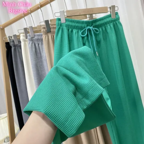 Quần Ống Rộng Nữ  Bigsize Cạp Cao Lưng Chun Dáng Suông Chất Liệu Nỉ Tổ Ong Đi Học Đi Chơi Women Pants 1