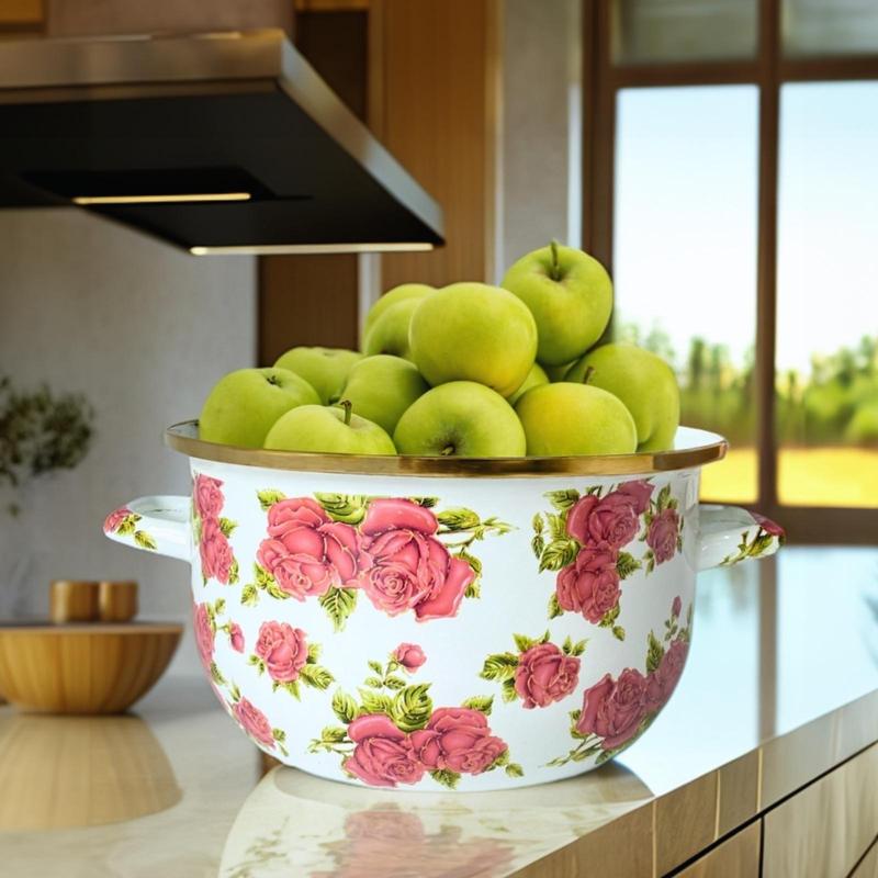 Rose Pattern Enamel Pot with Lid & Handle, 1 Count Vintage Style Flower Pattern Pot, Kitchen Cookware for Home Use, Kitchen Accessories 5