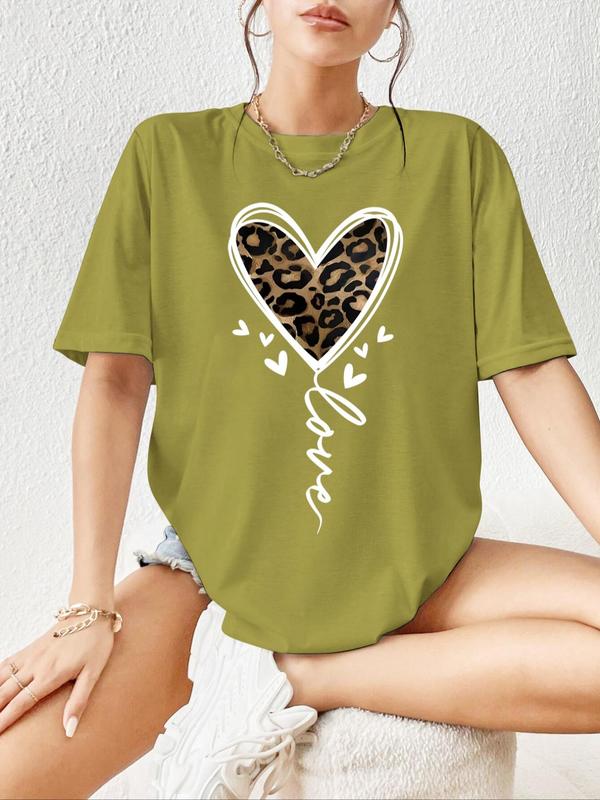 Women's Heart & Leopard Print Drop Shoulder Tee, Casual Half Sleeve Round Neck T-Shirt for Daily Wear, Ladies Clothes for All Seasons, Graphic Tees Women, Women's Clothing, Womenswear 8