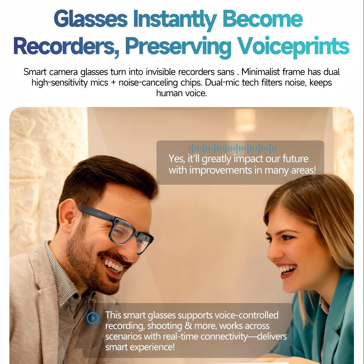 8MP camera smart glasses with 1080P HD video recording, 4K resolution, metal semi-rimless design, photochromic lenses