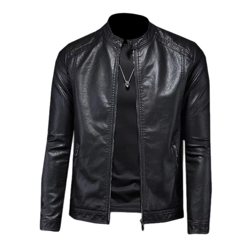 Áo khoác da nam cổ tàu lót lông cao cấp fom body Thông thường