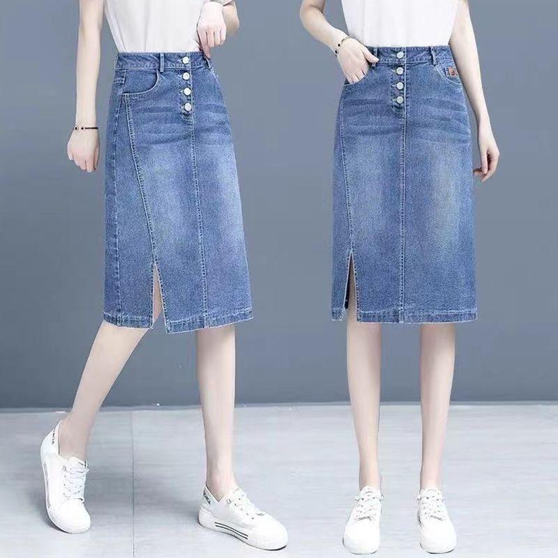 Chân Váy Denim, Dành Cho Nữ, Hàng Mới Về Xuân / Hè 2025, Cạp Cao, Xẻ Tà, Dài Trung Bình Ống Ôm Dáng Chữ A, Ngoại Cỡ, Chân Váy Bó Sát 8