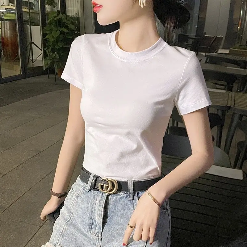 Áo Nữ, S-5XL, Áo Thun Trắng, Áo Thun Ngắn Tay Màu Trắng, Hàng Mới Về Mùa Hè 2023 Cho Nữ, Làm Bằng Cotton Nguyên Chất, Vai Rộng, Chống Lão Hóa, Sành Điệu, Màu Trơn Áo Bên Trong