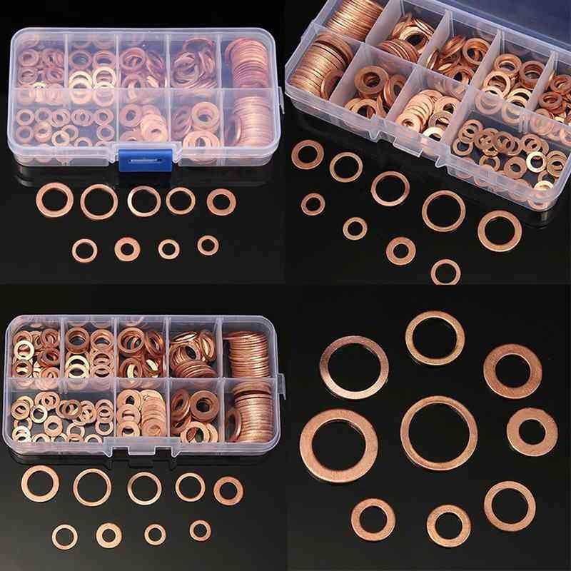 200pcs Copper Washer Gasket Nut and Bolt Set Flat Ring Seal Assortment Kit with box M5-M14 Electrical Woodworking Washers Sets 1
