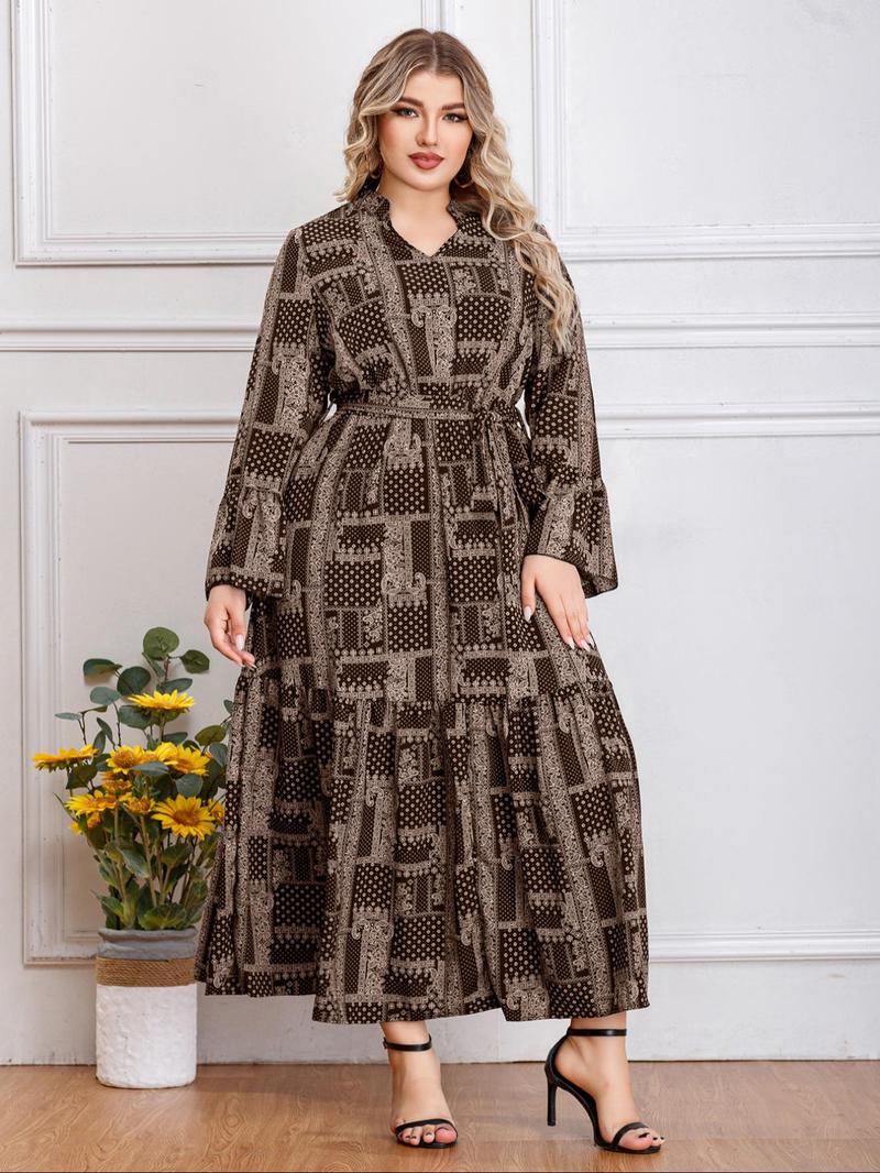 Product Introduction of 【Plus Size】 All Over Print Belted Notched Neck Dress, Elegant Flounce Sleeve Dress for Women, Women's Clothing for Summer 4