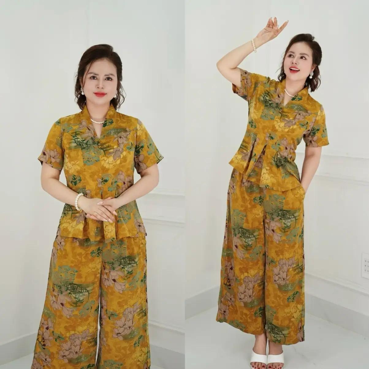 Ms30 Set Đồ Bộ Trung Niên Cách Điệu Cho Mẹ, Áo Có Cổ, Quần Ống Rộng, Quần Giả Váy, Chất Lụa Nhập Nữ Top Women Ong Sen