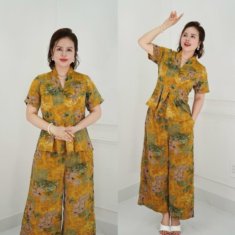 Ms30 Set Đồ bộ trung niên cách điệu cho mẹ, áo có cổ, quần ống rộng, quần giả váy, chất lụa nhập Nữ Top Women Ong Sen