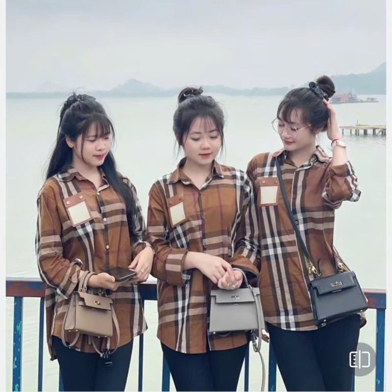 ÁO sơ mi bbr dàu tay màu nâu sang chảnh họa tiết kẻ bbr cho nữ 4