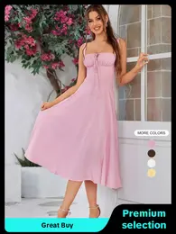Women's Lace Up Split Thigh Cami Dress, Women's Clothing, Elegant Adjustable Strap Tie Front Midi Dress, Back-to-school Clothing, Dresses for Women, Women's Dress for Summer Beach Holiday Christmas