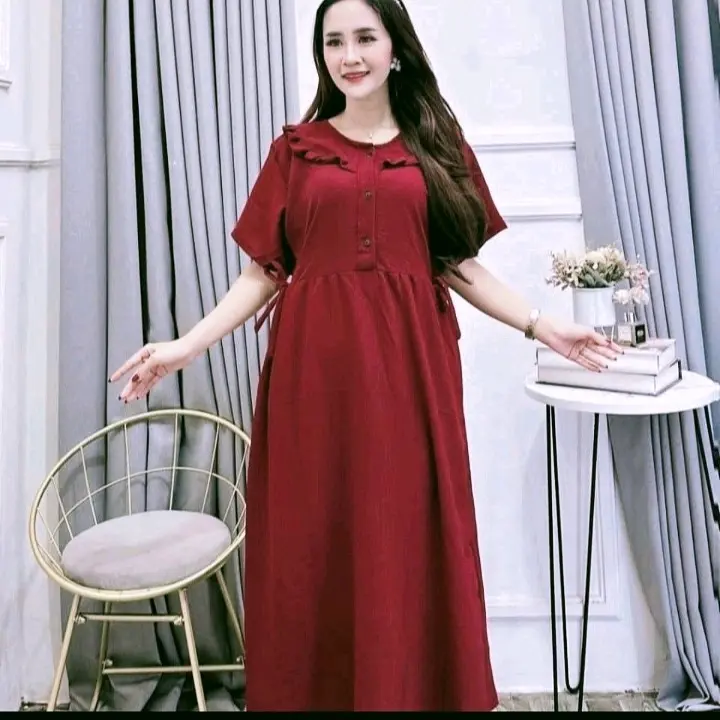 Daster Dress Wanita Dewasa  Busui  Kancing Ruffle Kekinian  Mewah  Kain Crinkle Airflow Premium Nyaman Tebal Remaja Samping Panjang Katun Cantik Midi Bumil 2