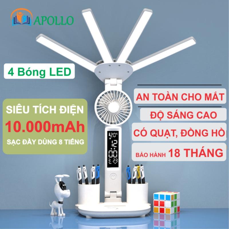 Đèn học để bàn chống cận Apollo, 4 bóng LED pin tích điện 10.000mAh, đèn bàn học có quạt và hộp bút