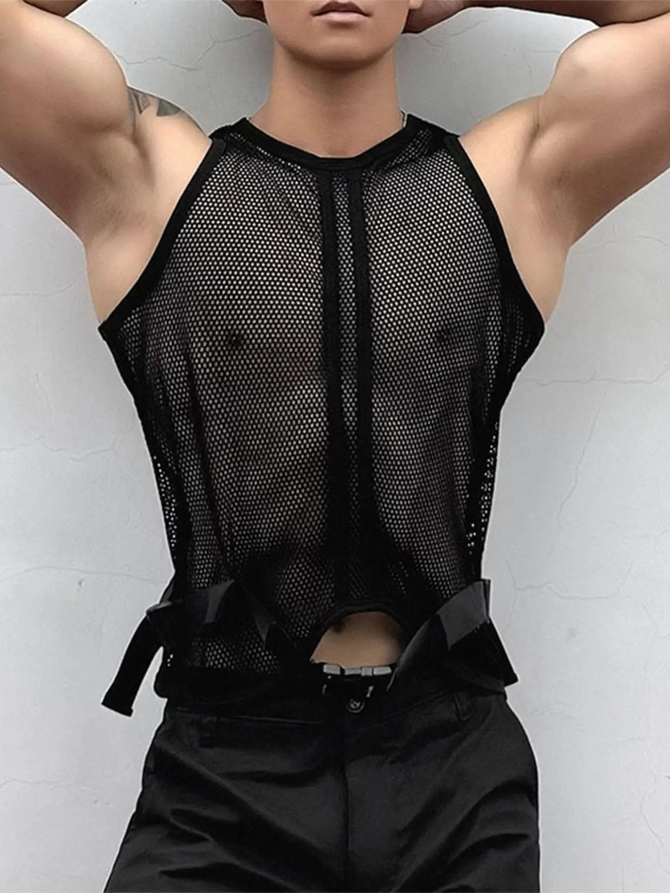 Men's Solid Mesh Sheer Hollow Knit Tank, Men's Top for Music Festival,  Streetwear Casual Crew Neck Sleeveless Tank for Summer, Fashion Men's Clothes for Party Clubwear, Tank Top for LGBT