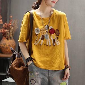 Free Shipping Literature Retro Floral Print Korean Short Sleeve for Women T-shirt Loose Oversized Basic Half sleeve Round Neck New Blouse for Female Tee