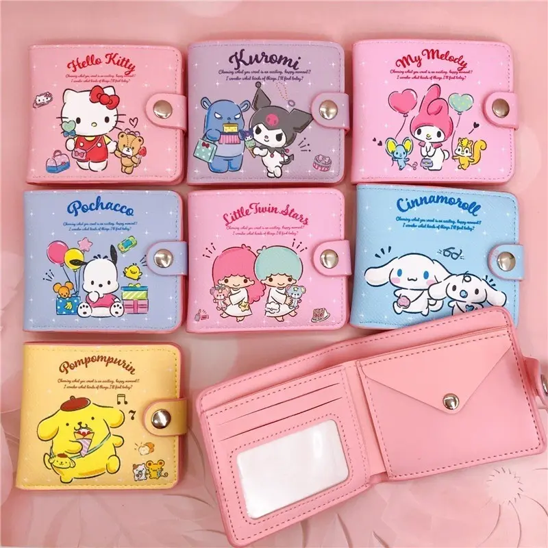 New PU casual short style cartoon kuromi Cinnamoroll Pochacco melody Kitty wallet for kids girls coin wallet card, foreskin clip with buttons