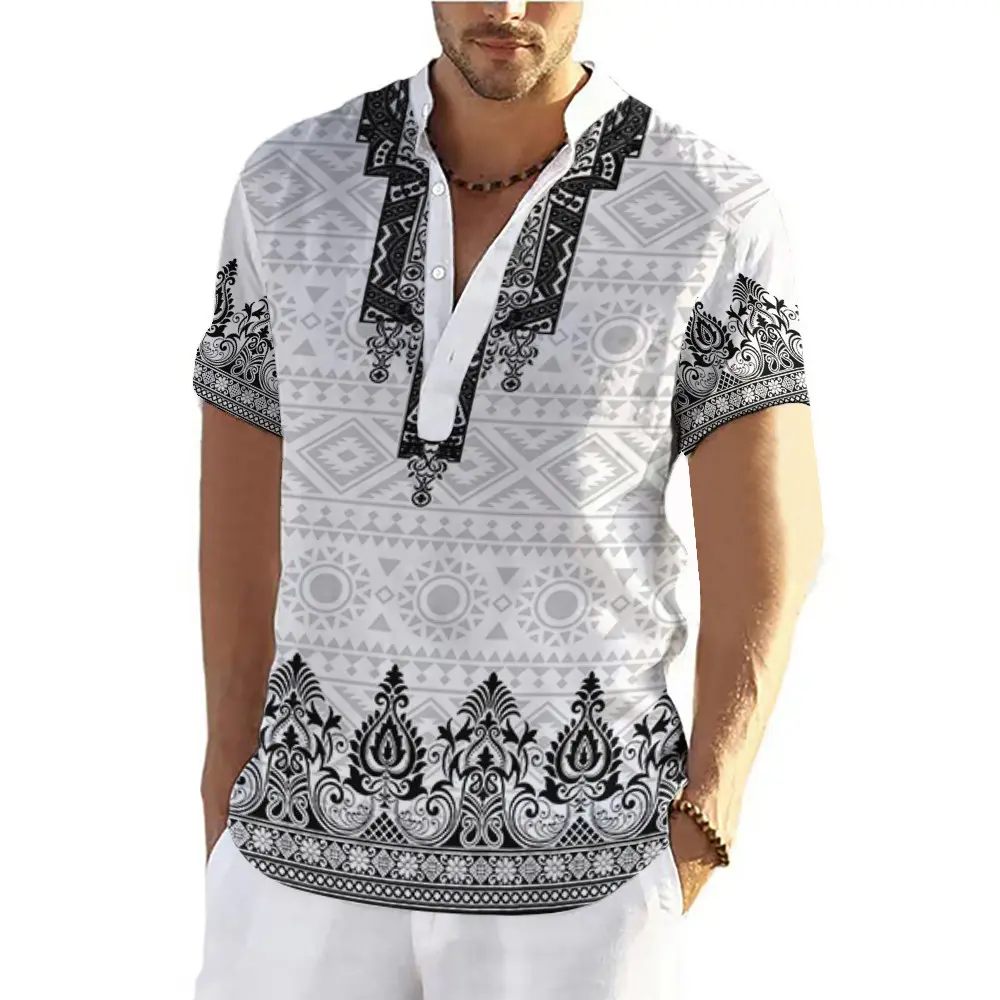 2025 Fashion Ethnic Style Barong Stand Collar Short Sleeve Shirt for Men 3D Printed Floral Pattern Printed Traditional ASEAN Clothing Outdoor Loose  Bohemian Henry Shirt for Men  Top Polo Day Polyester