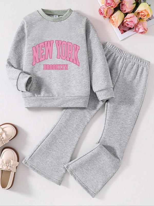 Toddler Girl's Letter Print Long Sleeve Two-piece Set, Round Neck Sweatshirt & Flare Leg Pants for Spring & Fall, Casual Kids Clothes for Daily Wear 0