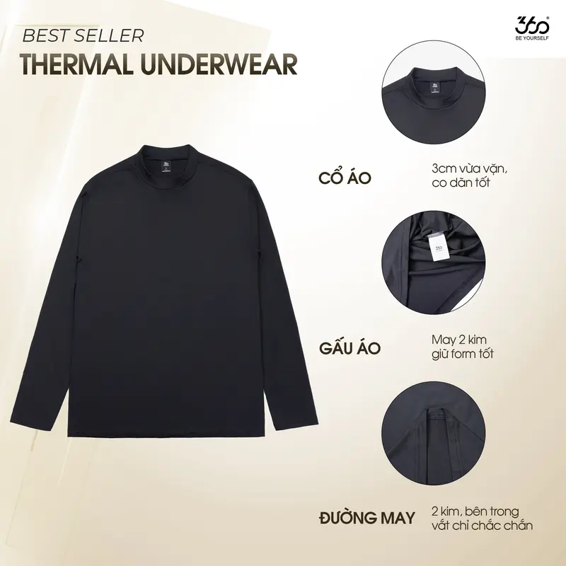 (Mua 2 áo tặng VOUCHER 40K) Áo giữ nhiệt nam 3 phân 360Boutique áo thun cổ cao dài tay ôm body mùa đông trắng đen Menswear - ATDOL528 1