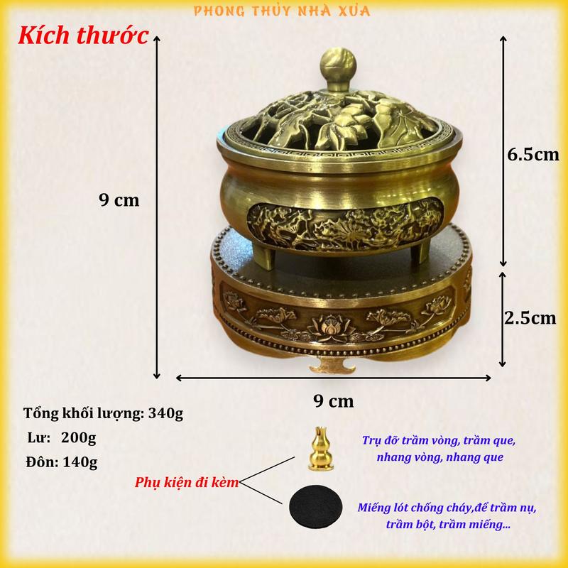 Lư Bộ Xông Trầm Hương Hoa Sen 3 Chân Liên Hoa và Đôn Đế Kê Thác Khói Trầm Hương Nhà Xưa Xứ Quảng Dầu Thơm Phòng Dầu Thơm