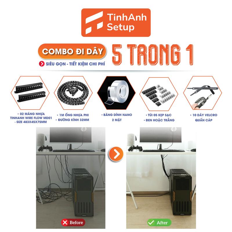 COMBO Đi Dây Điện 5 Trong 1 Siêu Gọn Tiết Kiệm Diện Tích Góc Làm Việc Học Tập Bao Gồm Máng Nhựa Đi Dây Điện, Ống Nhựa Phi, Kẹp Sạc Dây Diện Dây Sạc, Băng Dính 3M