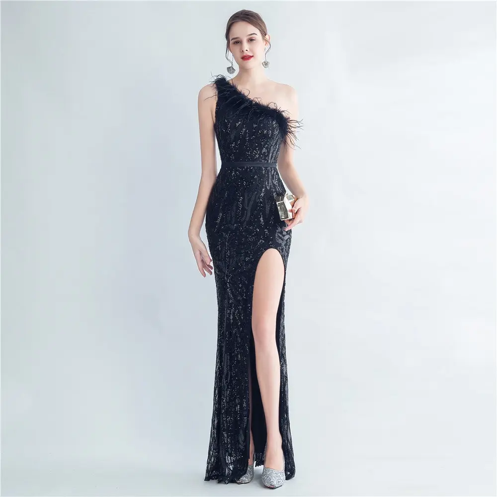 High-density ostrich feather silk satin sequin positioning flower high-end evening dress