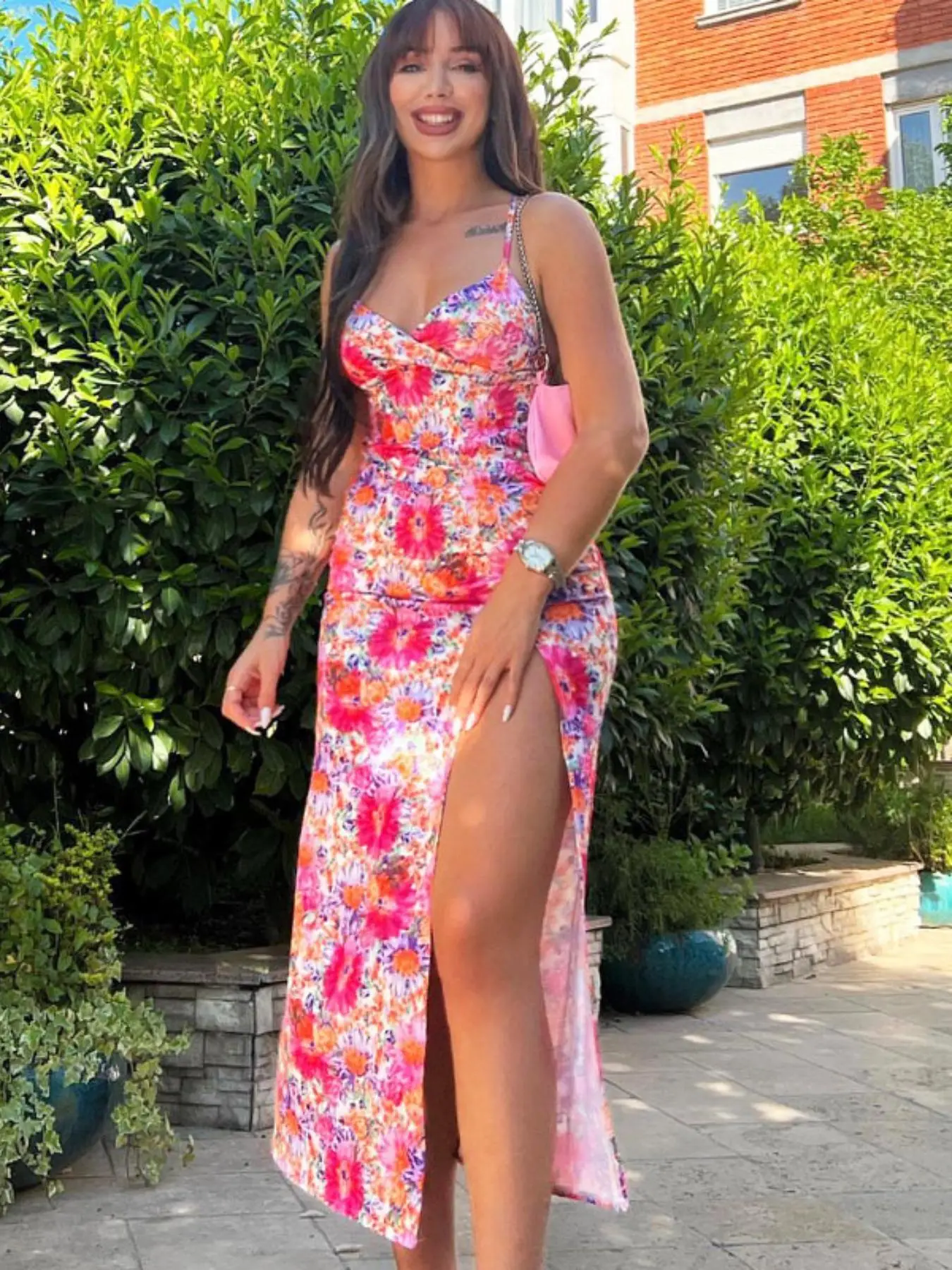 Women's Floral Print Backless Split Thigh Wrap Cami Dress, Girly Clothing, Casual Sleeveless Bodycon Midi Dress, Fashion Women's Dress for Beach Holiday, Summer Clothes, Womenswear