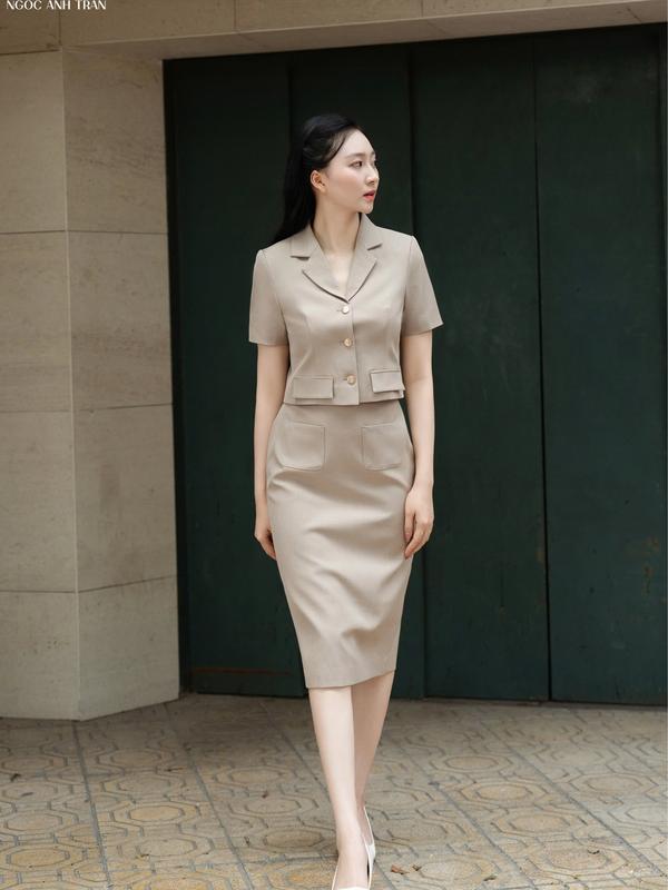 Set bộ thời trang áo croptop+ chân váy bút chì NGOC ANH TRAN màu be nâu - Mã A048 be nâu Nữ  Women