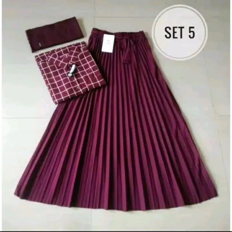 setelan Wanita rok plisket premium kemeja kotak kotak kancing lengan Panjang dan kerudung bela square 3