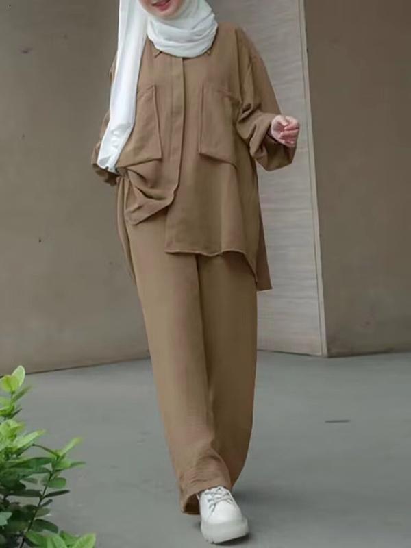 Product Introduction of 2024 Discount Middle East Muslim Long Sleeve Patch Pocket Hidden Placket Dyed Buckle Elastic Waist Trousers Shirt Outfit in Stock 5