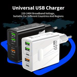 อะแดปเตอร์ชาร์จเร็ว, 65W, พร้อมพอร์ต USB 5 พอร์ต, 2 Type-C และ 3 USB, ปลั๊กชาร์จเร็ว USB, เหมาะสำหรับ Ios, Samsung S23, Xiaomi และการชาร์จอย่างรวดเร็วอื่น ๆ , ปลั๊กมาตรฐานยุโรป สายชาร์จ กล้อง ดิจิตอล