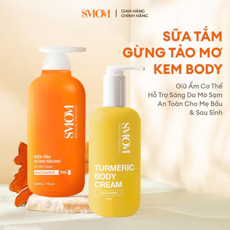 Combo Sữa Tắm Gừng Tảo Mơ SMOM 450ml Giữ Ấm Cơ Thể + Kem Body Sữa Nghệ Dưỡng Thể SMOM 180ml Hỗ Trợ Trắng Da Mờ Sạm