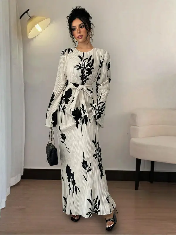 Women's Floral Print Belted Flounce Sleeve Dress, Elegant Long Sleeve Round Neck A Line Dress for Spring & Fall, Women's Clothing for Daily Wear, Wedding Guest Dresses 6