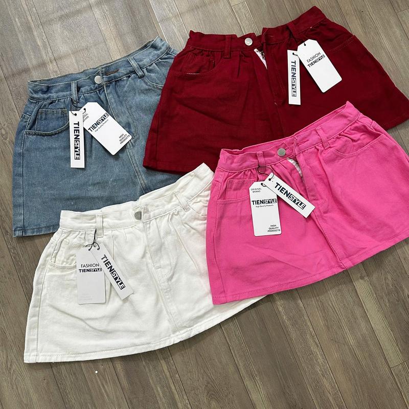  TIENSTYLE - Chân Váy Jean Ngắn Xoè Bồng Chít Ly Dáng Ngắn 5 Màu Đỏ Hồng Trắng Xanh Không Giãn Chân Váy Phồng Xòe Đồ Noel Bigsize Nữ Quần Áo Tết Nữ Vải jean QC cotton dày dặn có lót quần 