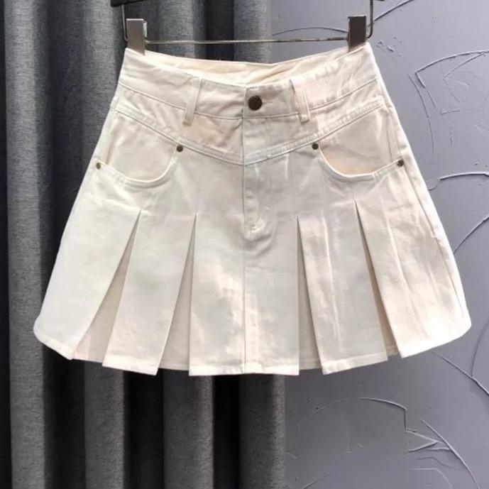 TIENSTYLE - Chân Váy Jean Ngắn Xếp Ly Có Lót Quần Kèm Đai Chân Váy Tenis Xòe Đồ Noel Bigsize Nữ Quần Áo Tết Nữ Màu Trắng-Kem Chân Váy Phồng Xòe Chất Liệu Jean QC Cotton Không Giãn Dày Dặn