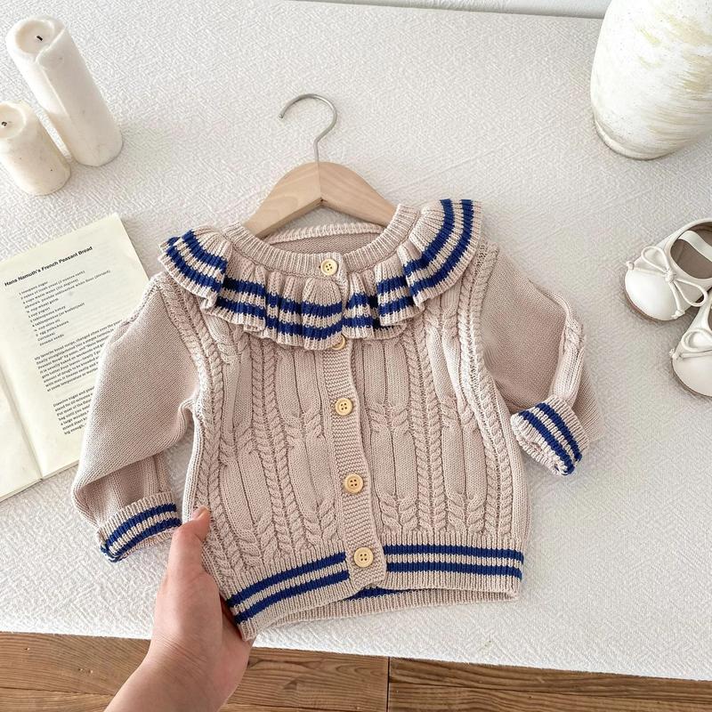 Product Introduction of Ins 2024 Autumn Baby Girls Knit Cardigan Sweater Lotus Collar Ruffle Line Collar Children Winter Solid Thicken Warm Knitwear Top 26
